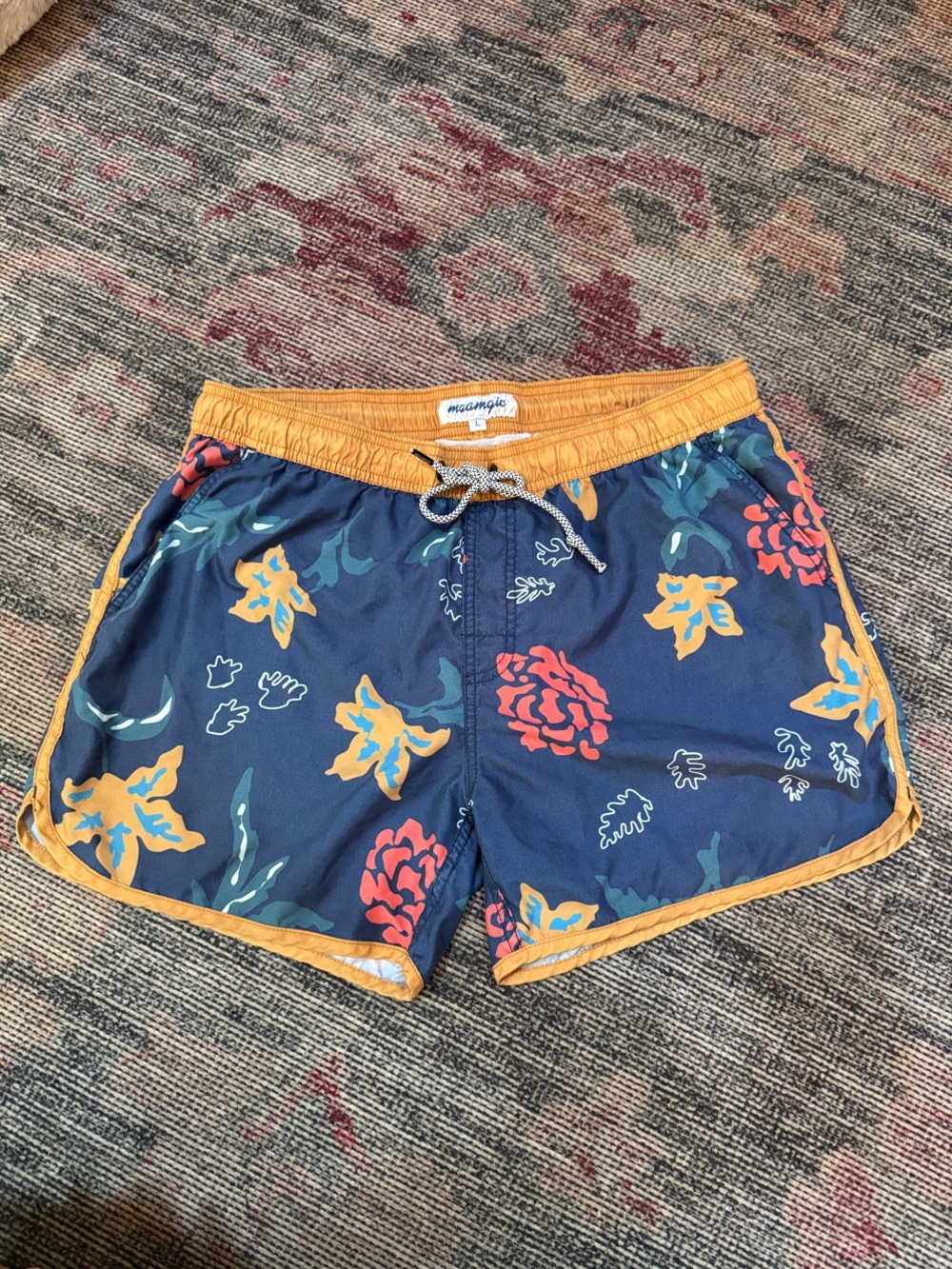 Maamgic Navy Floral Swim Shorts with Mustard Trim